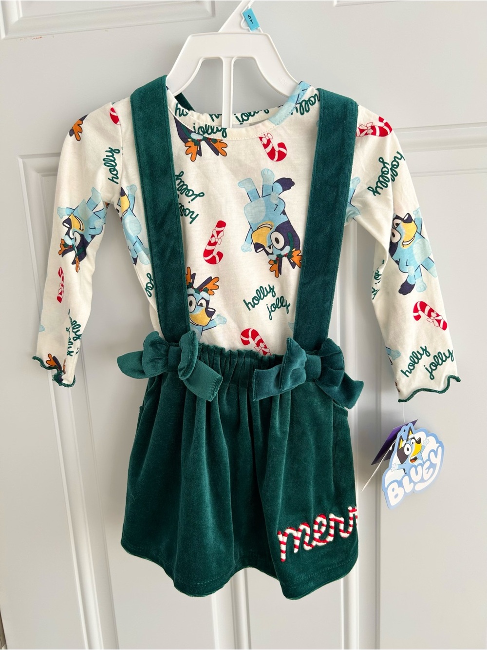 NWT Bluey Christmas Emerald Green Velvet Suspender Bows Skirt/Top Size 18 Month